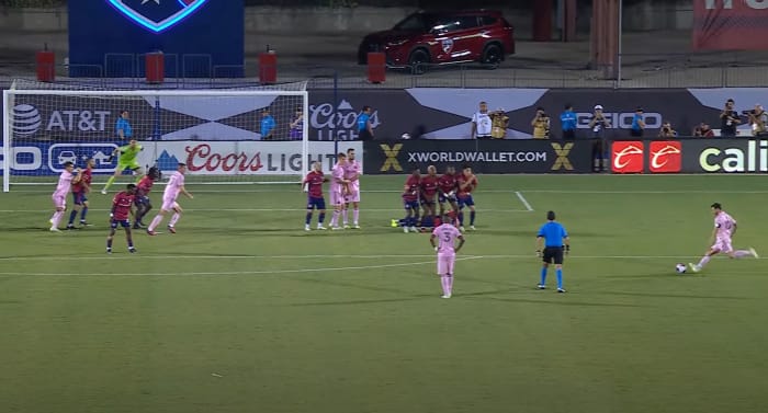 Lionel Messi pictured (right) hitting an 85th-minute free-kick to score for Inter Miami in a 4-4 draw away at FC Dallas in August 2023